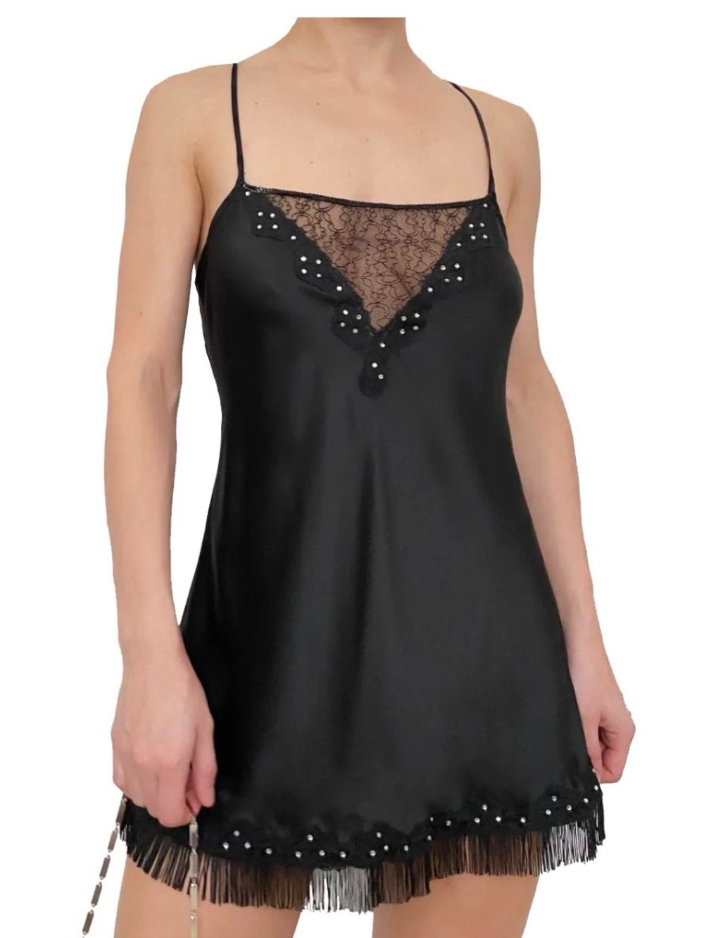 Black Lace-Trim Satin Chemise with Fringe
